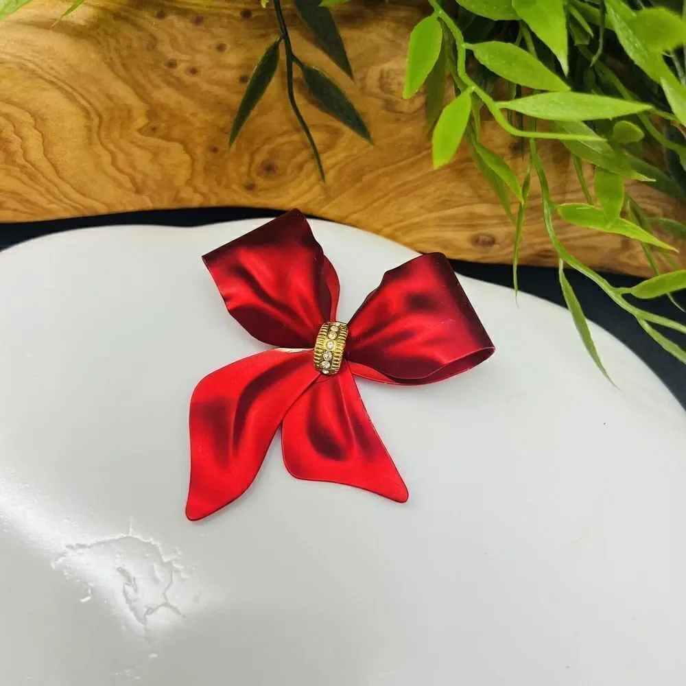 Vintage RED Metalic Satin Bow Ribbon Brooch Pin Crystal Accent Large Matte 1426
